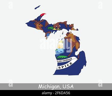 Michigan Map Flag. Map of MI, USA with the state flag isolated on white background. United States, America, American, United States of America, US Sta Stock Vector