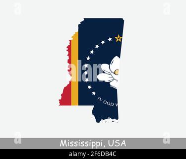 Mississippi Map Flag. Map of MS, USA with the state flag isolated on white background. United States, America, American, United States of America, US Stock Vector