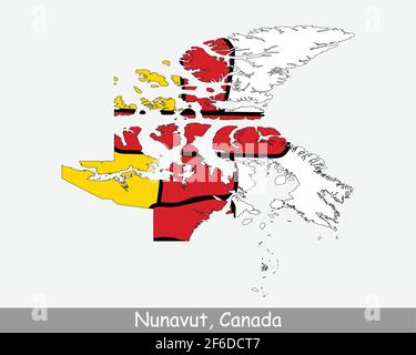 Nunavut Map Flag. Map of NU, Canada with flag isolated on white background. Canadian territory. Vector illustration. Stock Vector