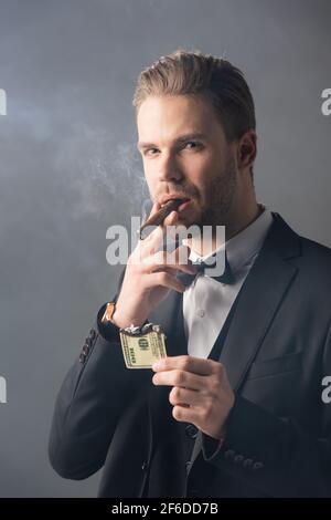 rich businessman smoking cigar while holding burned dollar banknote on grey background with smoke Stock Photo