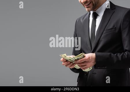 partial view of businessman in black suit counting dollars isolated on grey Stock Photo