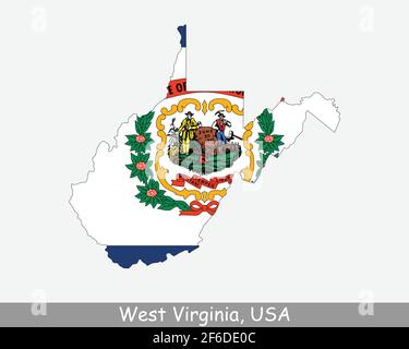 West Virginia Map Flag. Map of WV, USA with the state flag isolated on a white background. United States, America, American, United States of America, Stock Vector