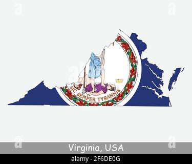 Virginia Map Flag. Map of VA, USA with the state flag isolated on a white background. United States, America, American, United States of America, US S Stock Vector