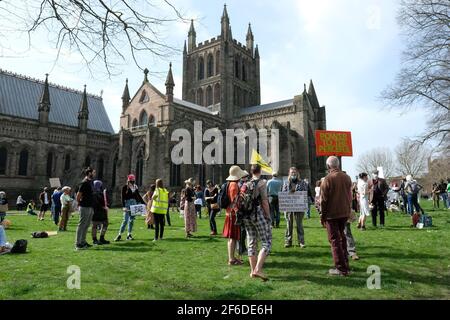 Hereford, Herefordshire, UK – Wednesday 31st March 2021 – Protesters demonstrate on the Cathedral Green against the new Police, Crime, Sentencing and Courts Bill ( PCSC ) which they feel will limit their rights to legal protest. Photo Steven May / Alamy Live News Stock Photo