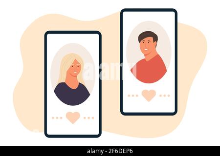 Man and woman lovers via online in mobile phone dating app. Flat vector illustration. Online dating during coronavirus, long social distance couple Stock Vector