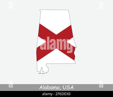 Alabama Map Flag. Map of Alabama, USA with the state flag of Alabama isolated on white background. United States, America, American, United States of Stock Vector