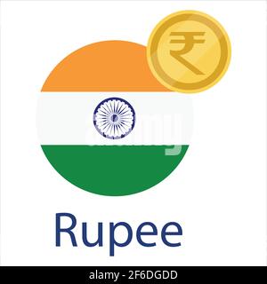 India flag and Rupee golden coin. Indian Rupee currency. Rupee exchange money icon Stock Vector