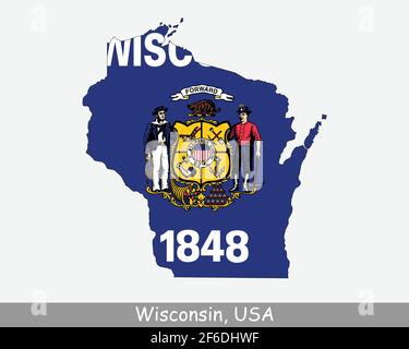 Wisconsin Map Flag. Map of WI, USA with the state flag isolated on a white background. United States, America, American, United States of America, US Stock Vector