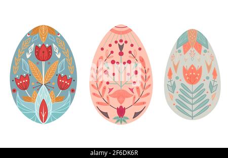 Set of Easter eggs. Flat illustration of a festive food with a geometric nature pattern and tribal decorations. Holiday treat with folk pattern on a w Stock Vector
