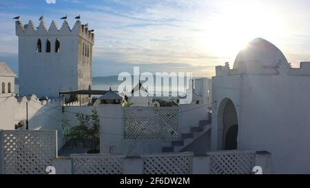 Morning view of a castle like building in Morocco with birds perched on a tower with a nice blue sky in the background. Stock Photo