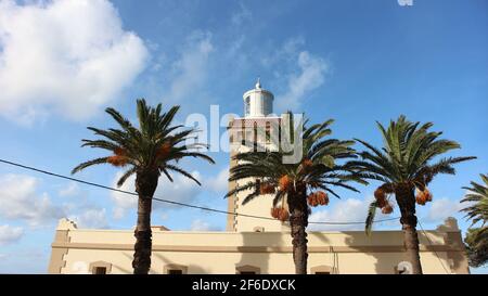 Phare Cap Spartel lighthouse with a brilliant blue sky with a few white clouds. Date palms standing majestically in front of the structure. Stock Photo