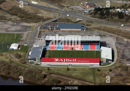 aerial view from the south east of AJ Bell Stadium, rugby ground home of Salford Red Devils, at Barton, Eccles, Manchester Stock Photo