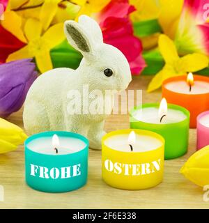 German Happy Easter and colorful decoration with bunny Stock Photo