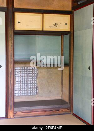 A view of a cupboard detail of the workmanship of the traditional, wood, tatami tea house. At Hachijō-no-miya royal villa in Kyoto, Japan. Stock Photo