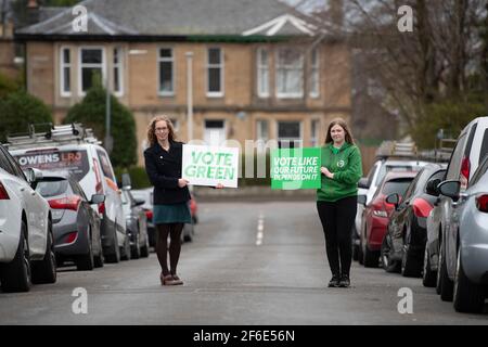 Falkirk, Scotland, UK. 31st Mar, 2021. PICTURED: (left) Lorna Slater - Co Leader of the Scottish Green Party, and (right) Gillian Mackay, candidate for Central Scotland. Scottish Greens co-leader Lorna Slater is joined on the campaign trail in Falkirk by Central Scotland candidate Gillian Mackay. Ms Slater will set out the party's new deal for renters. Credit: Colin Fisher/Alamy Live News Stock Photo