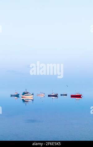 Shoeburyness, Essex - Small Boats at Anchor on a Clear and Calm March Morning Just Before Sunrise. Tide Going Out Stock Photo