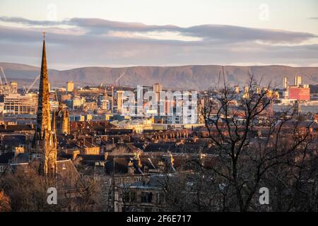 Glasgow city centre with the Campsie Fells in the background as viewed from the Southside of Glasgow. Stock Photo