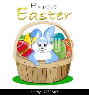 A rabbit in a basket with Easter eggs .Happy Easter text. Isolated white color . Illustration Stock Photo