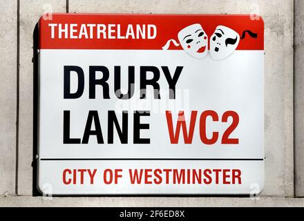 London, England, UK. Street sign: Drury Lane, WC2, City of Westminster Stock Photo