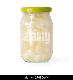 Preserved onion canned in glass jar  isolated on white with clipping path Stock Photo