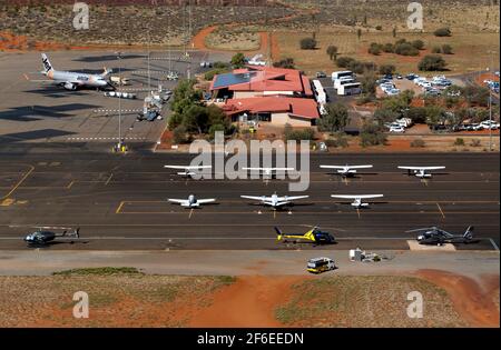 Aerial view of Connellan Airport, taken from a Helicopter returning from a  scenic flight over Uluṟu-Kata Tjuṯa National Park Stock Photo