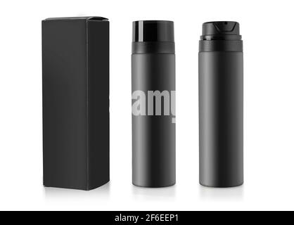 black cosmetic spray bottle isolated on white background with  black box Stock Photo