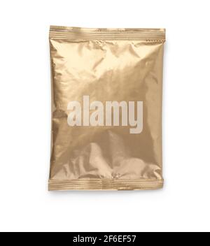 Gold Foil plastic bag isolated on white background. Packaging template mockup collection. With clipping Path included. Aluminium coffee package. Stock Photo
