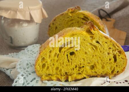 Turmeric sourdough bread sliced Stock Photo