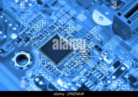 Closeup of electronic circuit board with chip. Macro with extremely shallow dof. Stock Photo