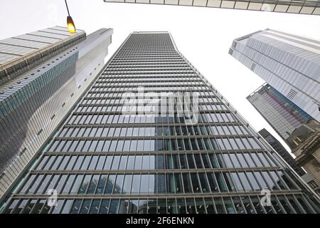 Oblique view of new office blocks on Bishopsgate, City of London, UK. Shows 100 Bishopsgate (centre) Heron Tower (left) 22 Bishopsgate (right). Stock Photo