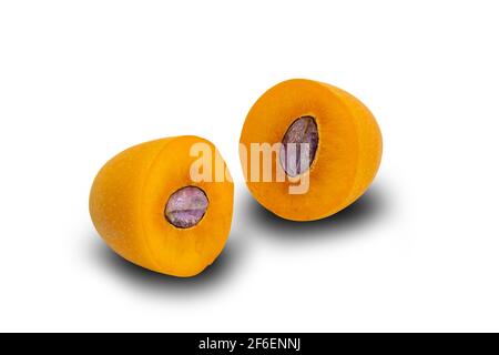 Two halves of ripe Marian Plum fruit on white background with clipping path. Cross section of ripe marian plum isolated on white. Stock Photo
