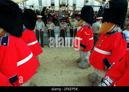 Wombles and band members part of the parade at Queen Mother 100th Birthday Pageant Stock Photo