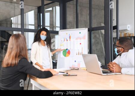 Concept of protection office employees from viruses diseases. Diverse work team in medical masks work together on a project during pandemic period, biracial female presenting ideas on whiteboard Stock Photo