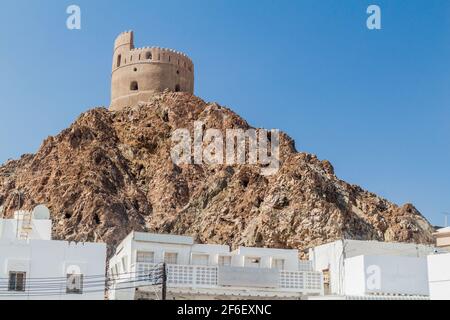 Watchtower in Muttrah neighborhood in Muscat, Oman Stock Photo