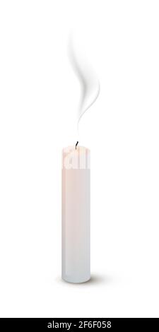 Extinguished candle isolated on white background. Blown candlelight vector illustration. Romantic tall melted candlestick or holiday home decoration f Stock Vector