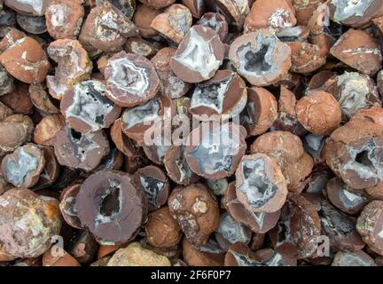 A macro look at a pile of geode rocks makes an interesting background with a slight bokeh effect Stock Photo