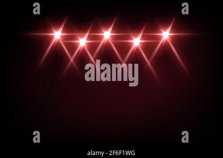 Red light from projectors on black background. Spotlight with beams effect on stage vector illustration. Abstract bright disco light at party or enter Stock Vector