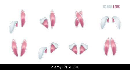 Rabbit ears realistic 3d vector illustrations set. Easter bunny ears kid headband, mask collection. Hare costume pink cartoon element. Photo editor, b Stock Vector