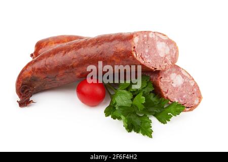 Boiled and smoked sausage on a white background. Farm smoked sausage Stock Photo