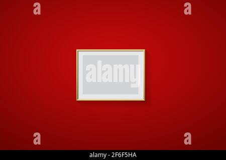 Golden frame for picture on red background. Gold border on blank space for picture, painting, card or photo. 3d realistic modern bright template mock Stock Vector