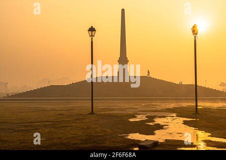 a beautiful sunrise view with reflection in water at coronation park,delhi. Stock Photo