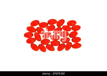 Krill oil. red gelatin capsules isolated on white background.Source of omega fatty acids.Healthy food.krill oil supplements