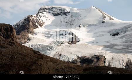 Closeup of one of the rocky mountain glaciers that feeds the Columbia Ice Field in Alberta, Canada. Stock Photo