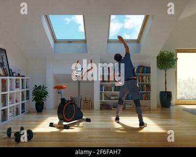 Man exercising at home, stretching legs. 3d rendering Stock Photo