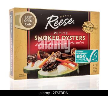 Winneconne, WI - 31 March 2021: A package of Reese petite smoked oysters on an isolated background Stock Photo