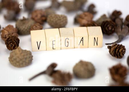 Vegan and hashtag written with wooden cubes and nature decoration isolated on white background with copy space, vegan,vegetarian,health concept Stock Photo