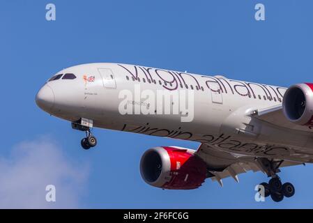 Virgin Atlantic Boeing 787 Dreamliner jet airliner plane G-VNEW on finals to land at London Heathrow Airport, UK in sunny weather. Named Birthday Girl Stock Photo