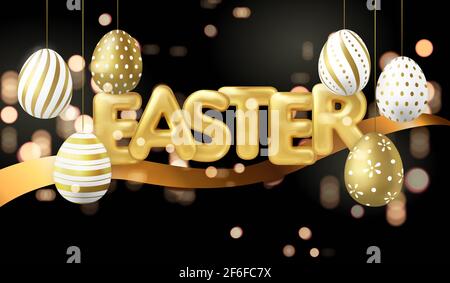 Happy Easter banner template golden luxury Easter eggs ribbon and ballon title letter with dark background shinny bokeh Stock Photo