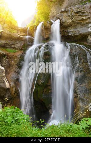 Cascada de la Cueva waterfall in Ordesa and Monte Perdido National Park.  Pyrenees mountain. Province of Huesca, Spain. Stock Photo