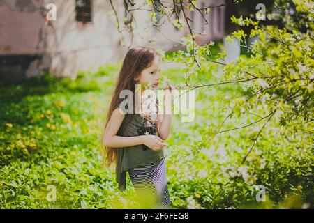 Little girl with long hair sniffing flowers in the spring cherry garden Stock Photo